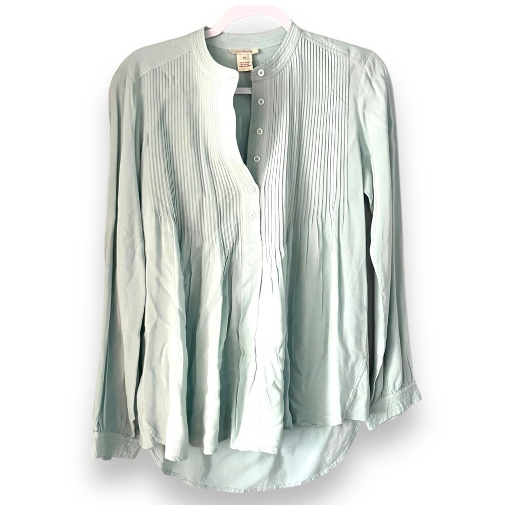 Sundance Womens XS Green Tunic Pintuck Pleated LS Top Crinkle Lagenlook